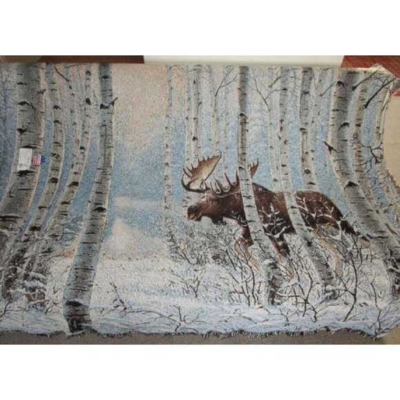 New Moose Woven Cotton Afghan Gift Throw Blanket Outdoor Rustic Decor Cabin Rack - Picture 3 of 4